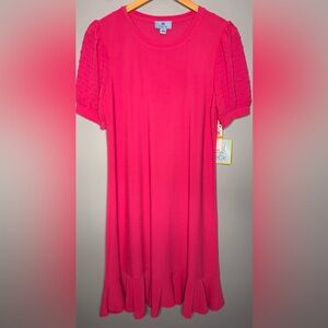 CeCe Bright Pink Puff Sleeve Dress NWT Ruffle Hem Small